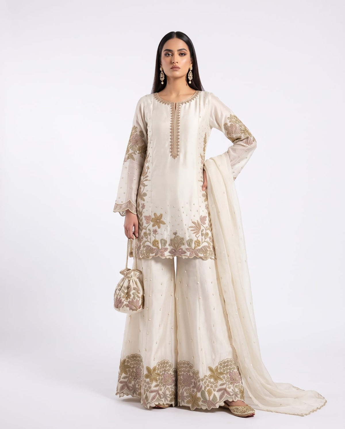 3-Piece Shesha Silk Gharara Set with Matching Potli Bag