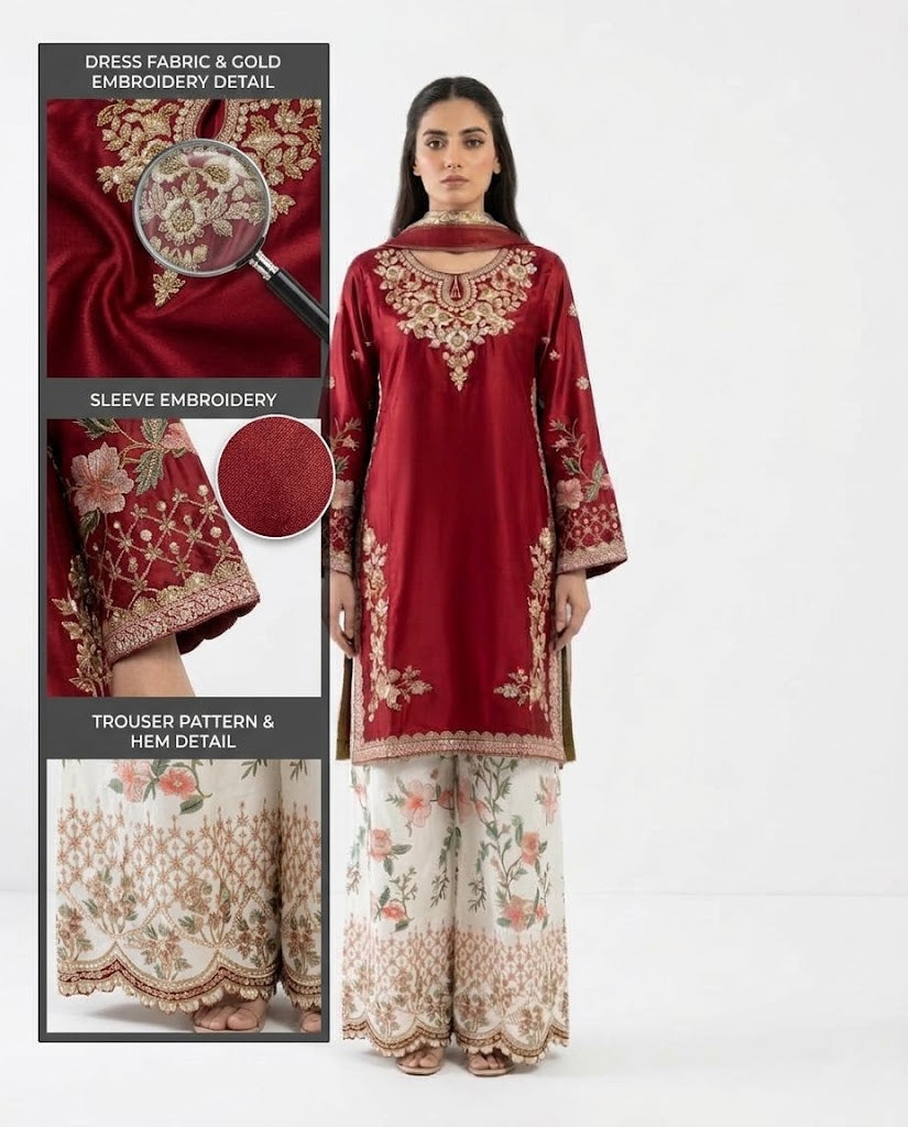 3-Piece Shesha Silk Red Festive Suit Set
