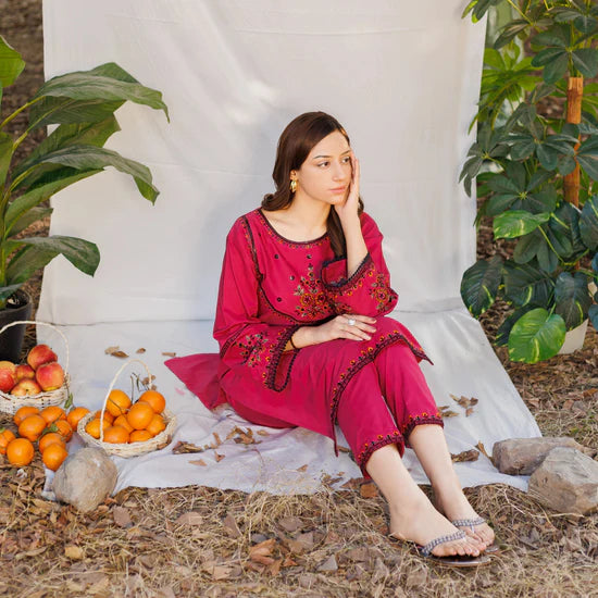 Mystic cherry- Luxury Embroidered 2 Piece Lawn Dress