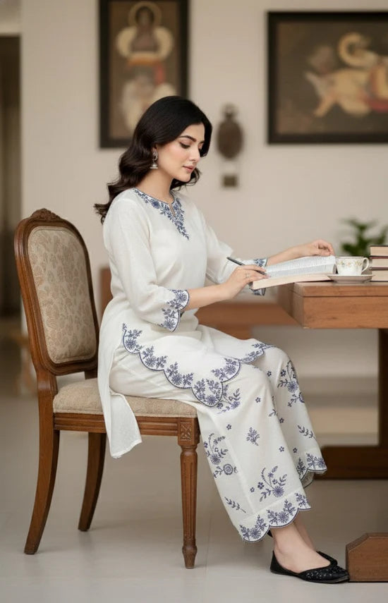 Blue moon- Embroidered 2-Piece Khaddar Dress
