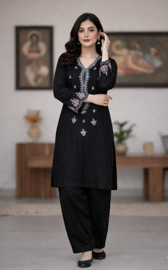 Black Night - Embroidered 2-Piece Khaddar Dress