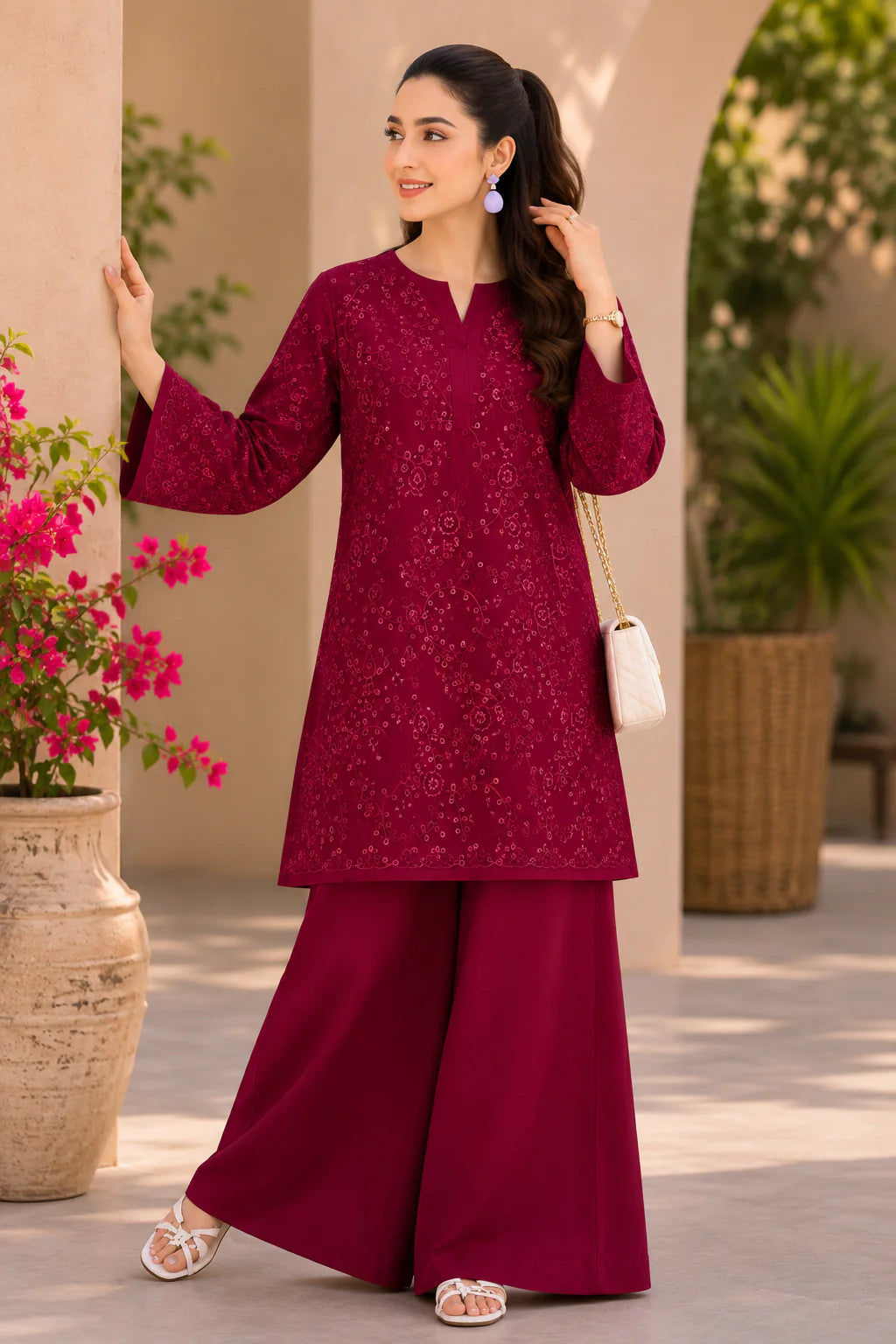 Royal Maroon Schiffli Embroidered Lawn 2 Piece