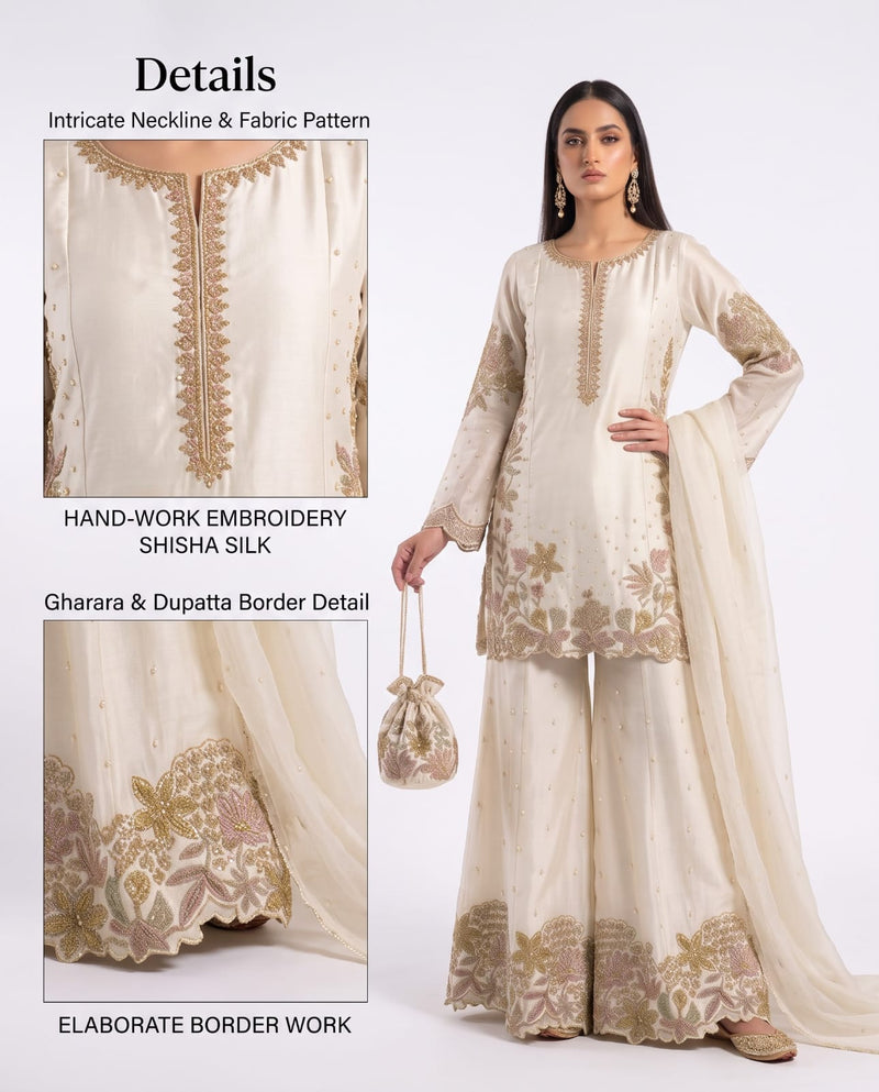 3-Piece Shesha Silk Gharara Set with Matching Potli Bag