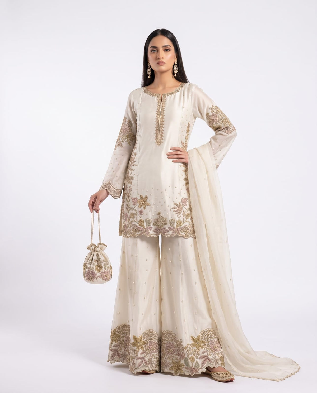 3-Piece Shesha Silk Gharara Set with Matching Potli Bag