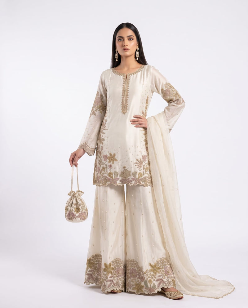 3-Piece Shesha Silk Gharara Set with Matching Potli Bag