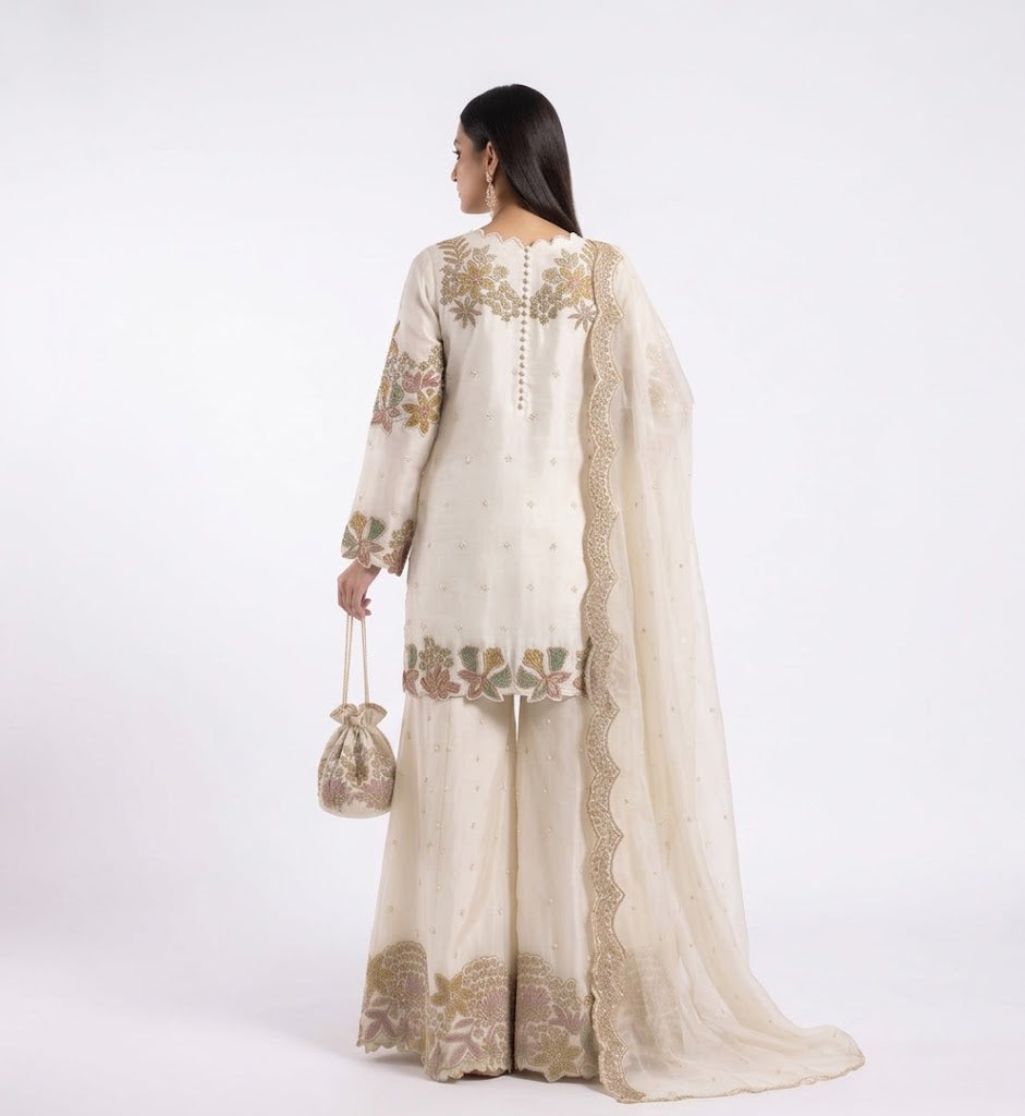 3-Piece Shesha Silk Gharara Set with Matching Potli Bag