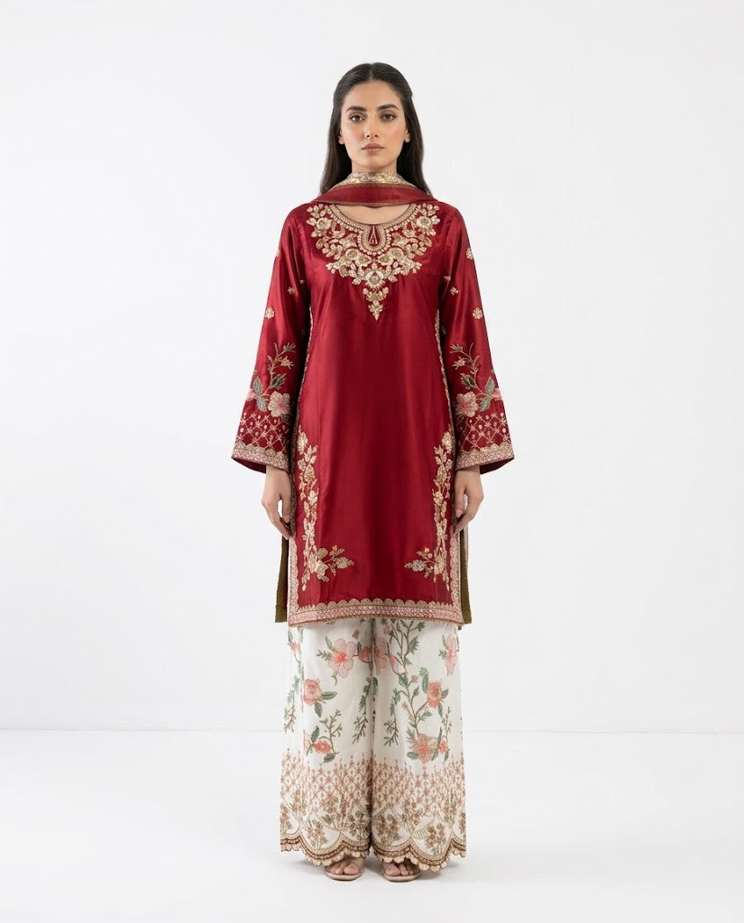 3-Piece Shesha Silk Red Festive Suit Set