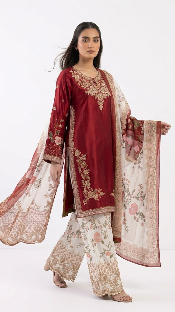 3-Piece Shesha Silk Red Festive Suit Set
