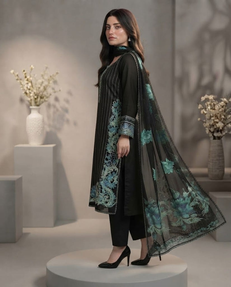 Midnight Bloom – Black Embroidered 3-Piece Organza & Lawn Ensemble