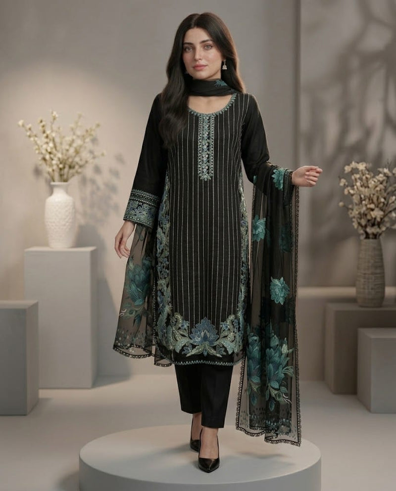 Midnight Bloom – Black Embroidered 3-Piece Organza & Lawn Ensemble