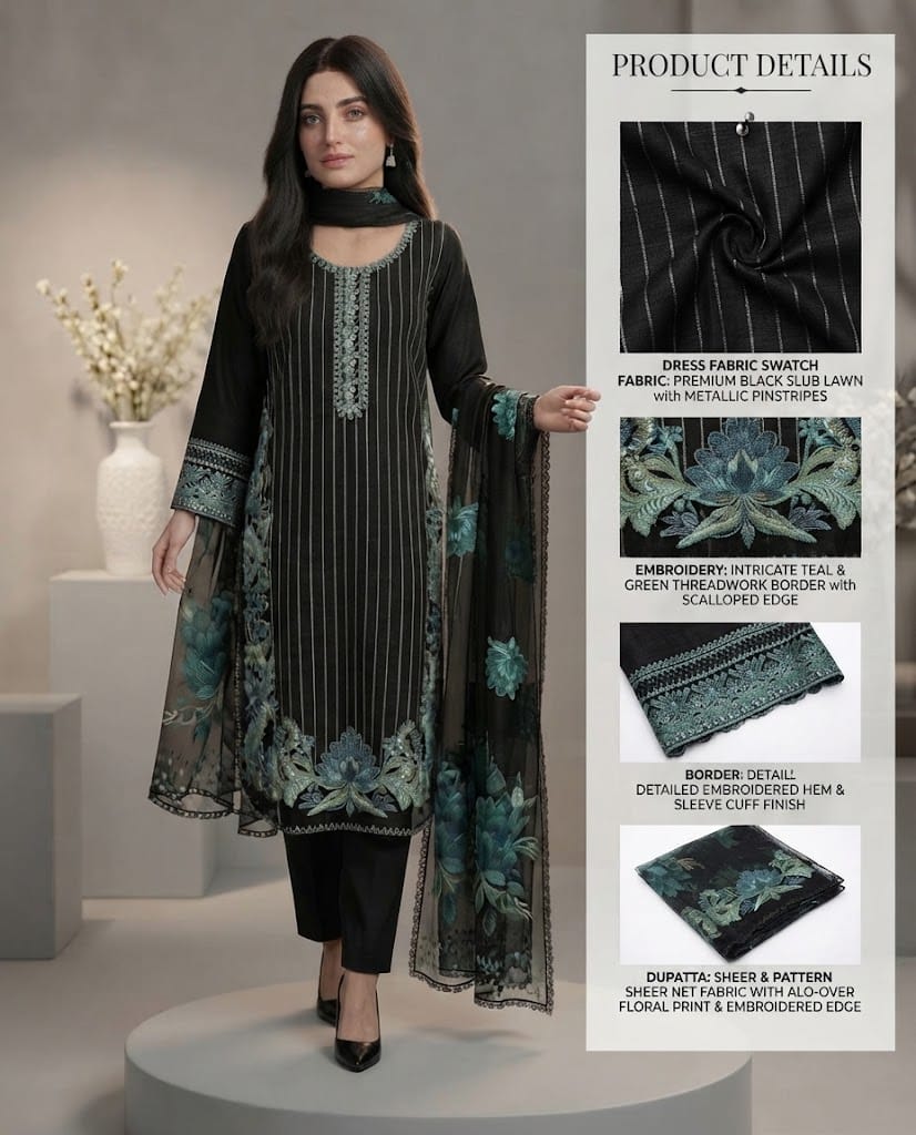 Midnight Bloom – Black Embroidered 3-Piece Organza & Lawn Ensemble